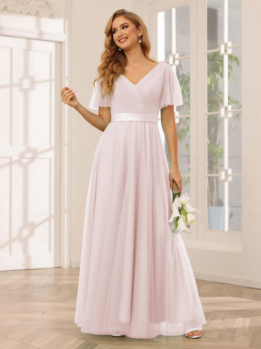 V-Neck A-Line Princess Floor-Length Bridesmaid Dresses with Short Sleeves and Lace