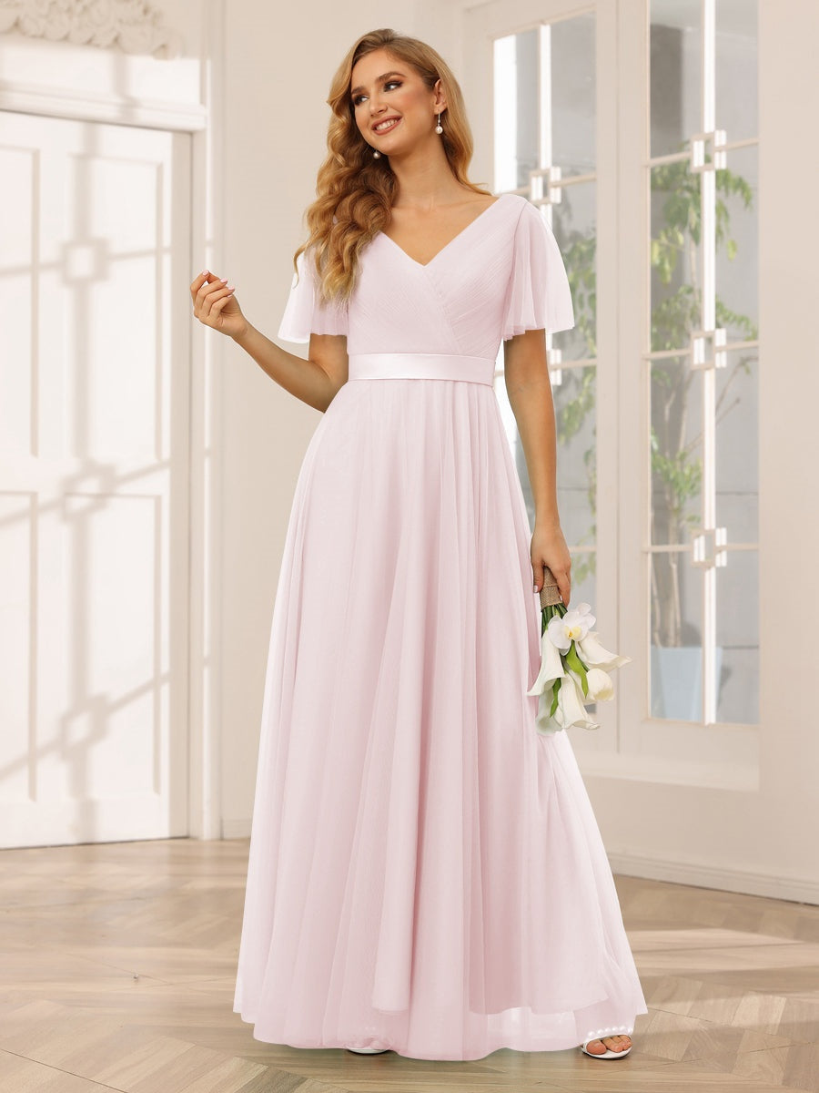 V-Neck A-Line Princess Floor-Length Bridesmaid Dresses with Short Sleeves and Lace