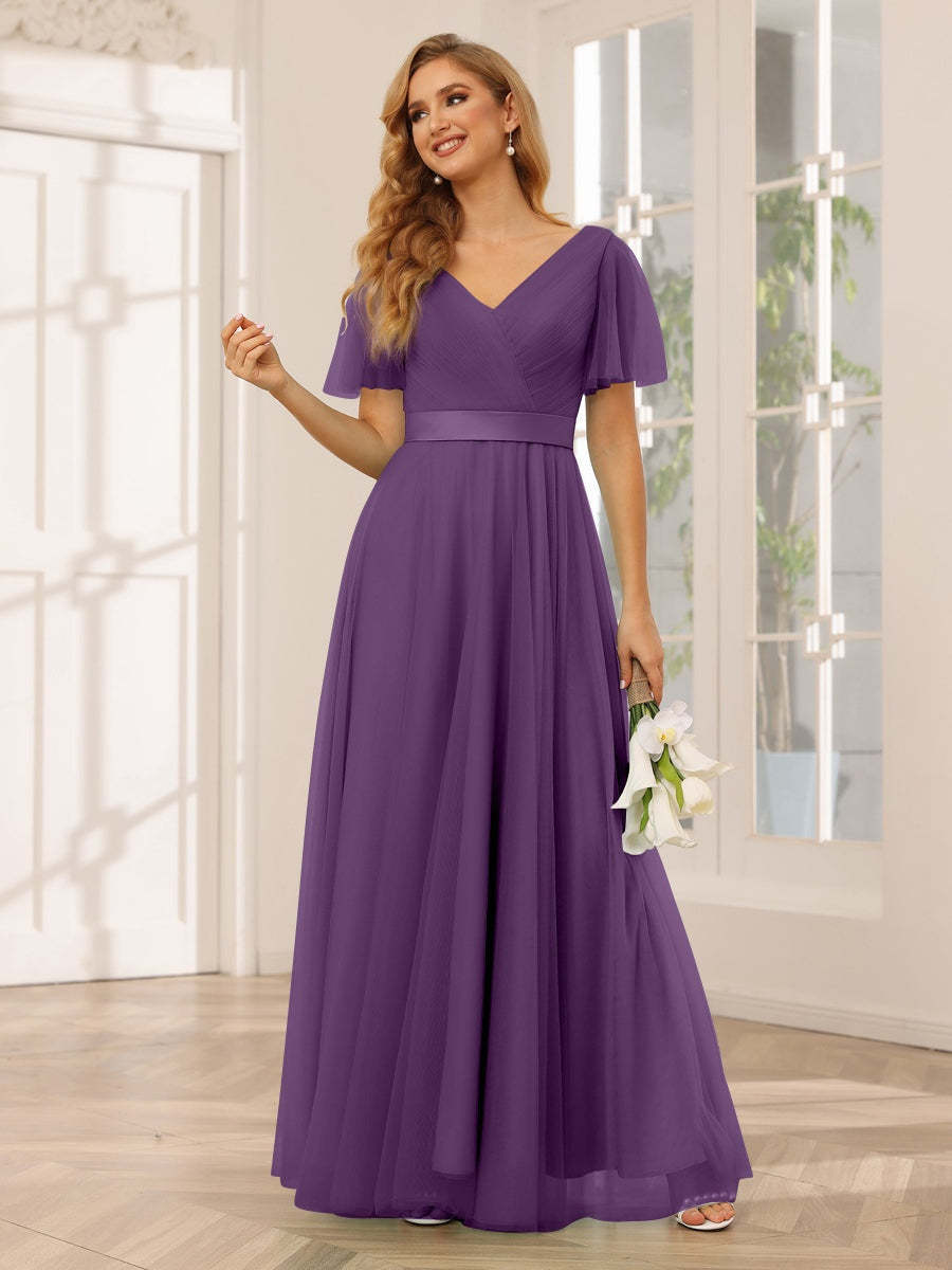 V-Neck A-Line Princess Floor-Length Bridesmaid Dresses with Short Sleeves and Lace