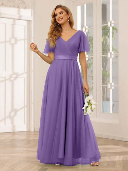 V-Neck A-Line Princess Floor-Length Bridesmaid Dresses with Short Sleeves and Lace