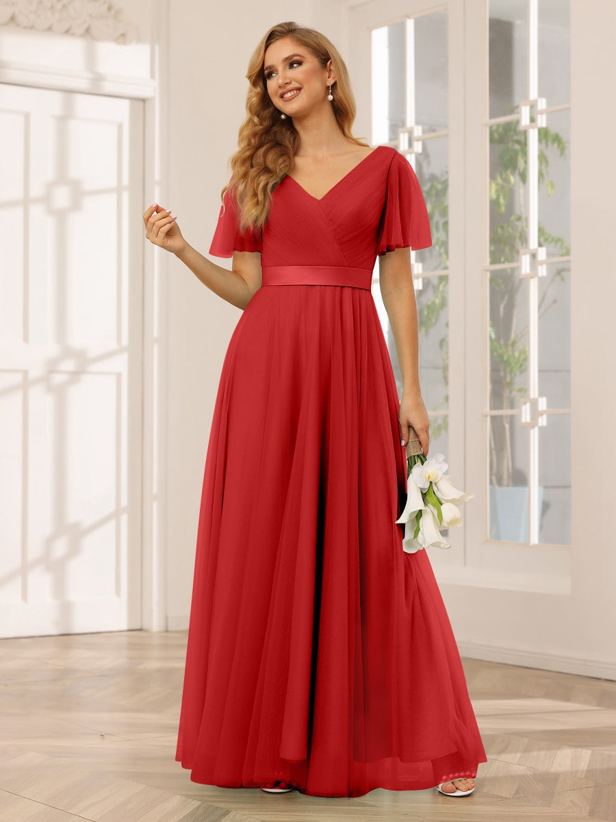 V-Neck A-Line Princess Floor-Length Bridesmaid Dresses with Short Sleeves and Lace