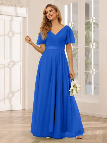V-Neck A-Line Princess Floor-Length Bridesmaid Dresses with Short Sleeves and Lace