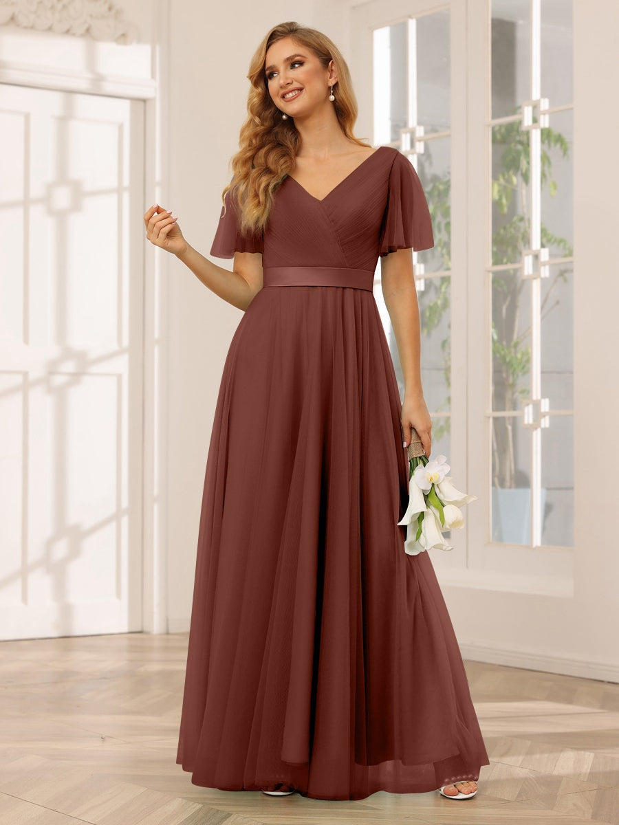 V-Neck A-Line Princess Floor-Length Bridesmaid Dresses with Short Sleeves and Lace