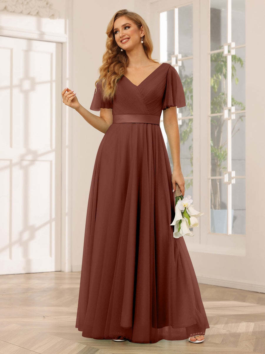 V-Neck A-Line Princess Floor-Length Bridesmaid Dresses with Short Sleeves and Lace