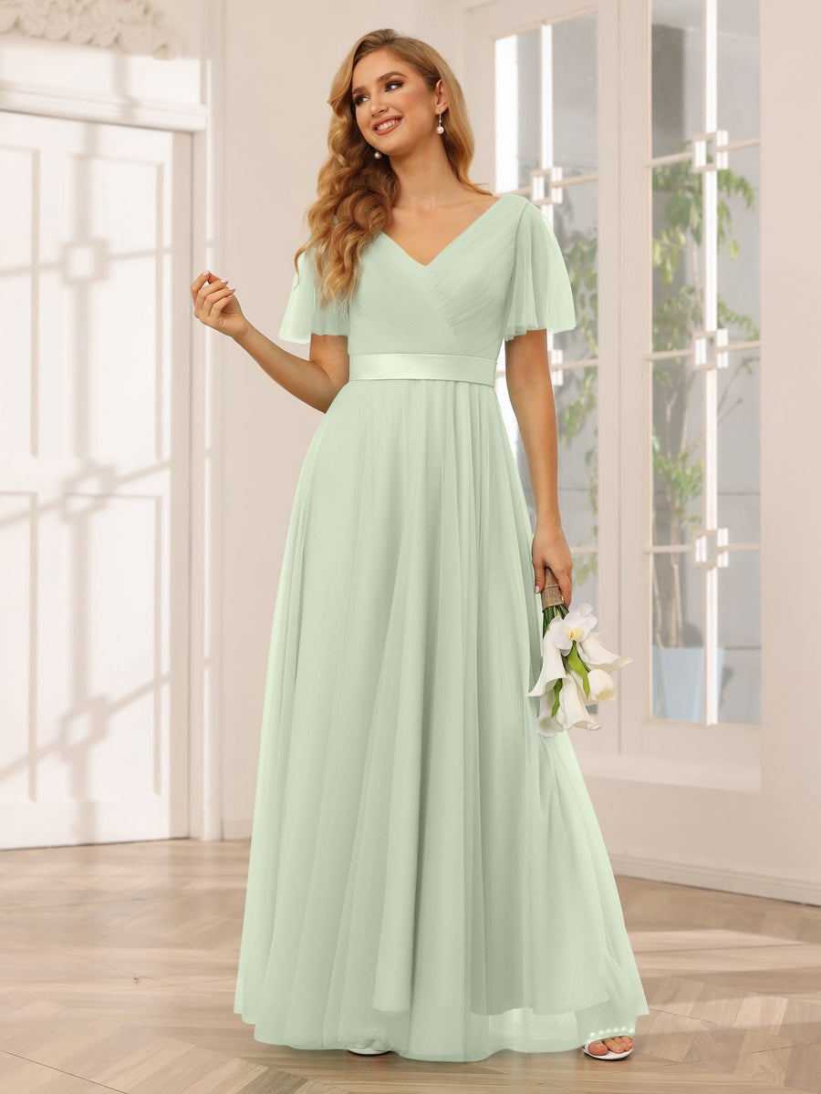 V-Neck A-Line Princess Floor-Length Bridesmaid Dresses with Short Sleeves and Lace