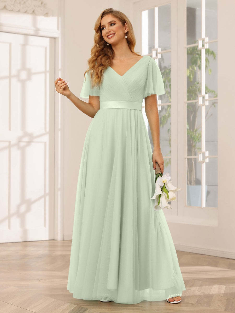 V-Neck A-Line Princess Floor-Length Bridesmaid Dresses with Short Sleeves and Lace
