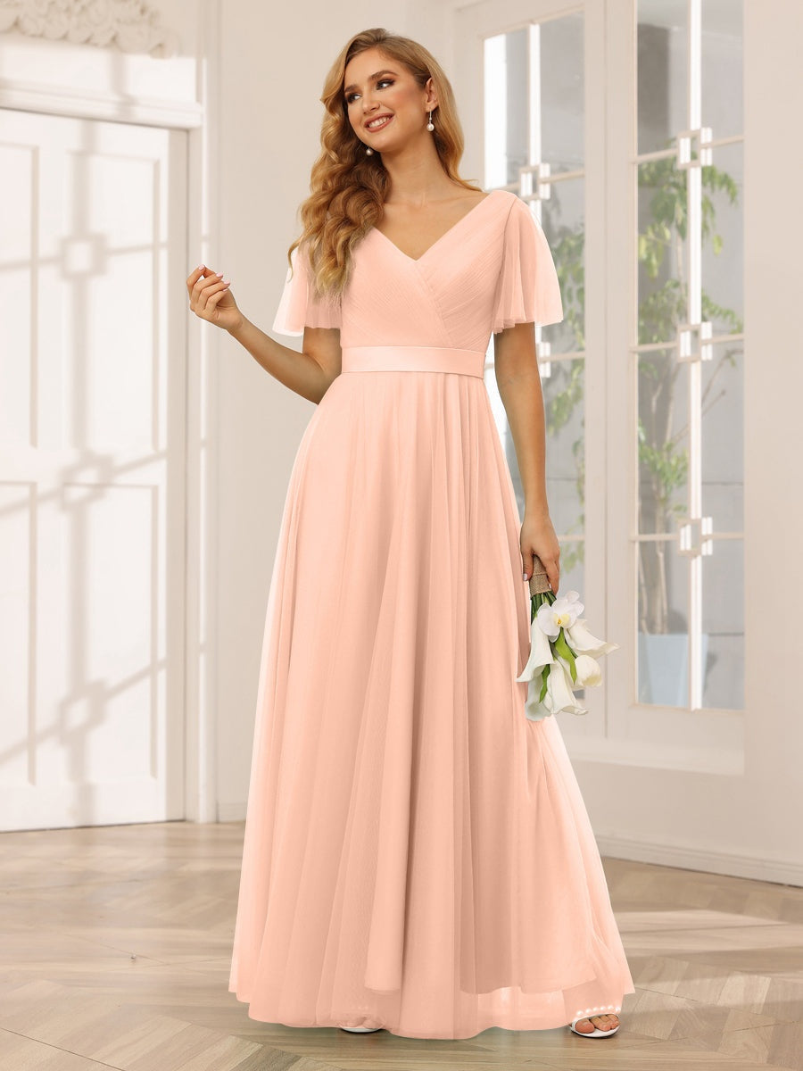 V-Neck A-Line Princess Floor-Length Bridesmaid Dresses with Short Sleeves and Lace
