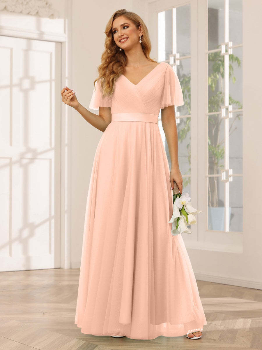V-Neck A-Line Princess Floor-Length Bridesmaid Dresses with Short Sleeves and Lace