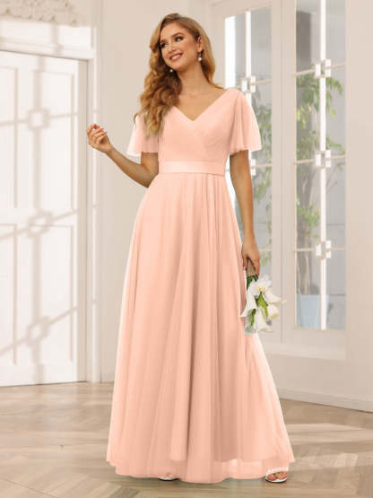 V-Neck A-Line Princess Floor-Length Bridesmaid Dresses with Short Sleeves and Lace