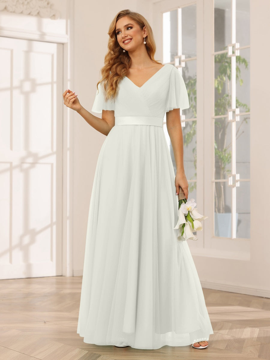 V-Neck A-Line Princess Floor-Length Bridesmaid Dresses with Short Sleeves and Lace