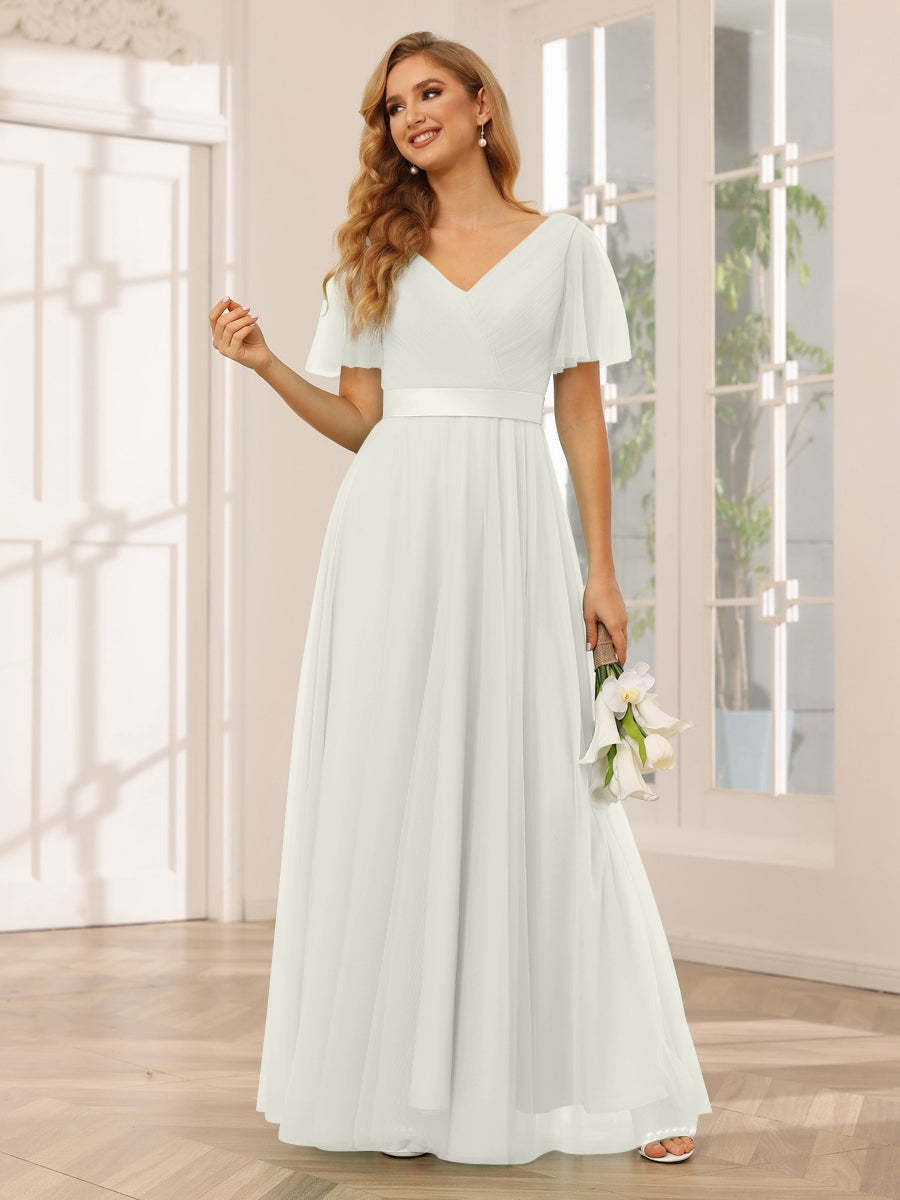 V-Neck A-Line Princess Floor-Length Bridesmaid Dresses with Short Sleeves and Lace