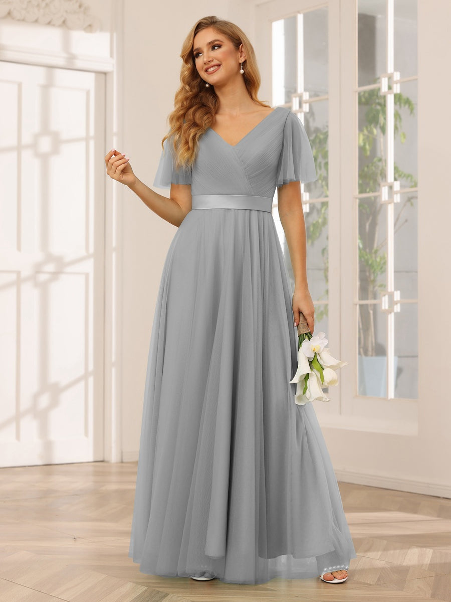 V-Neck A-Line Princess Floor-Length Bridesmaid Dresses with Short Sleeves and Lace
