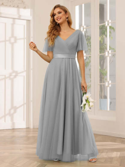 V-Neck A-Line Princess Floor-Length Bridesmaid Dresses with Short Sleeves and Lace
