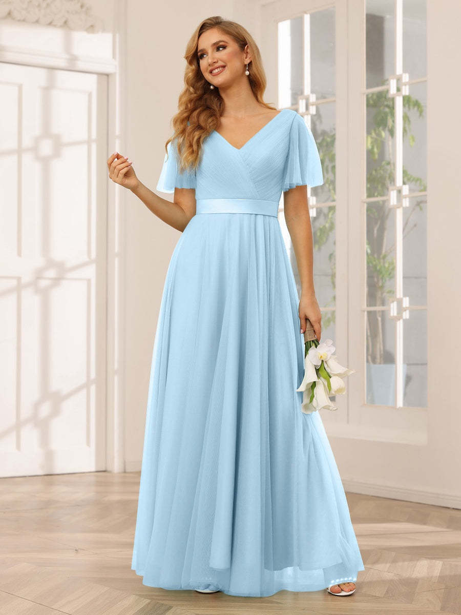 V-Neck A-Line Princess Floor-Length Bridesmaid Dresses with Short Sleeves and Lace