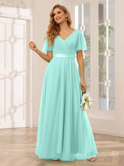 V-Neck A-Line Princess Floor-Length Bridesmaid Dresses with Short Sleeves and Lace