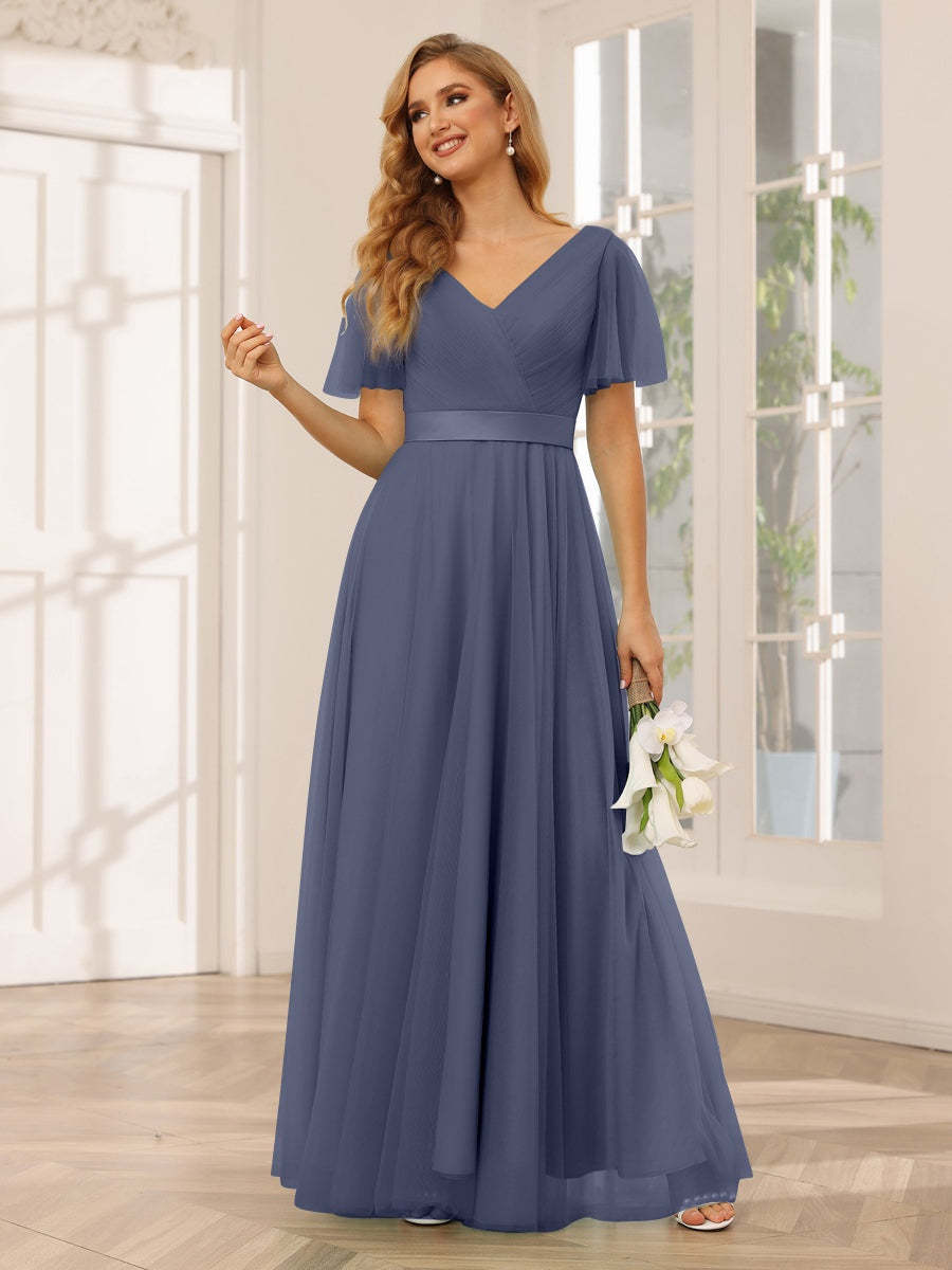 V-Neck A-Line Princess Floor-Length Bridesmaid Dresses with Short Sleeves and Lace