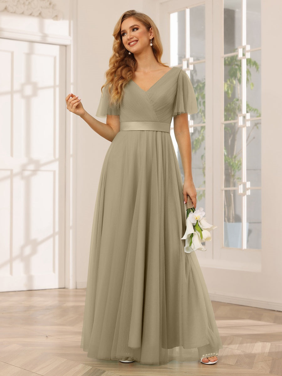 V-Neck A-Line Princess Floor-Length Bridesmaid Dresses with Short Sleeves and Lace