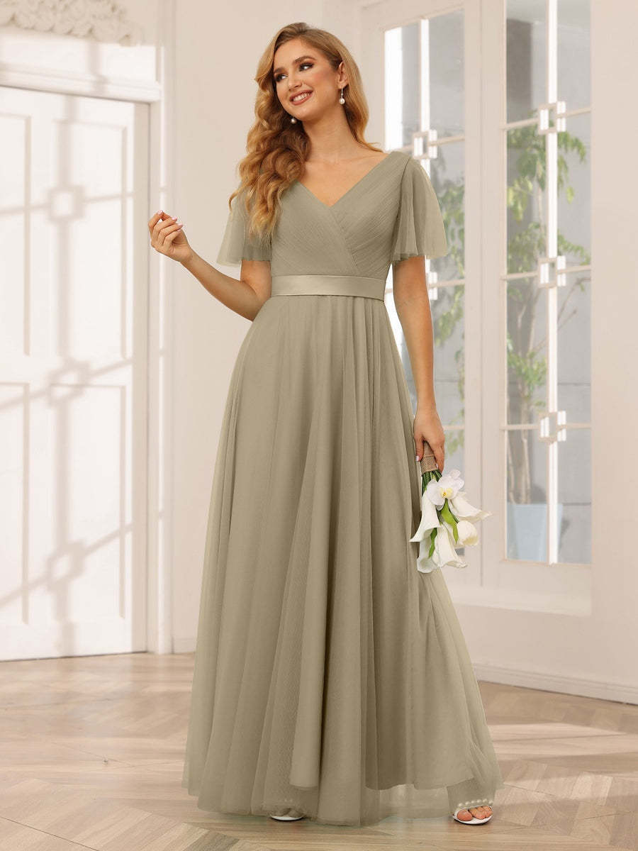 V-Neck A-Line Princess Floor-Length Bridesmaid Dresses with Short Sleeves and Lace