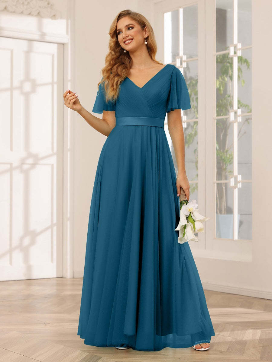 V-Neck A-Line Princess Floor-Length Bridesmaid Dresses with Short Sleeves and Lace