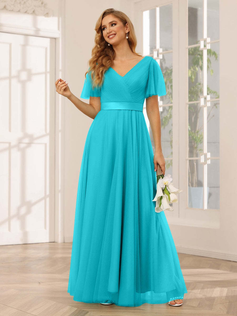 V-Neck A-Line Princess Floor-Length Bridesmaid Dresses with Short Sleeves and Lace