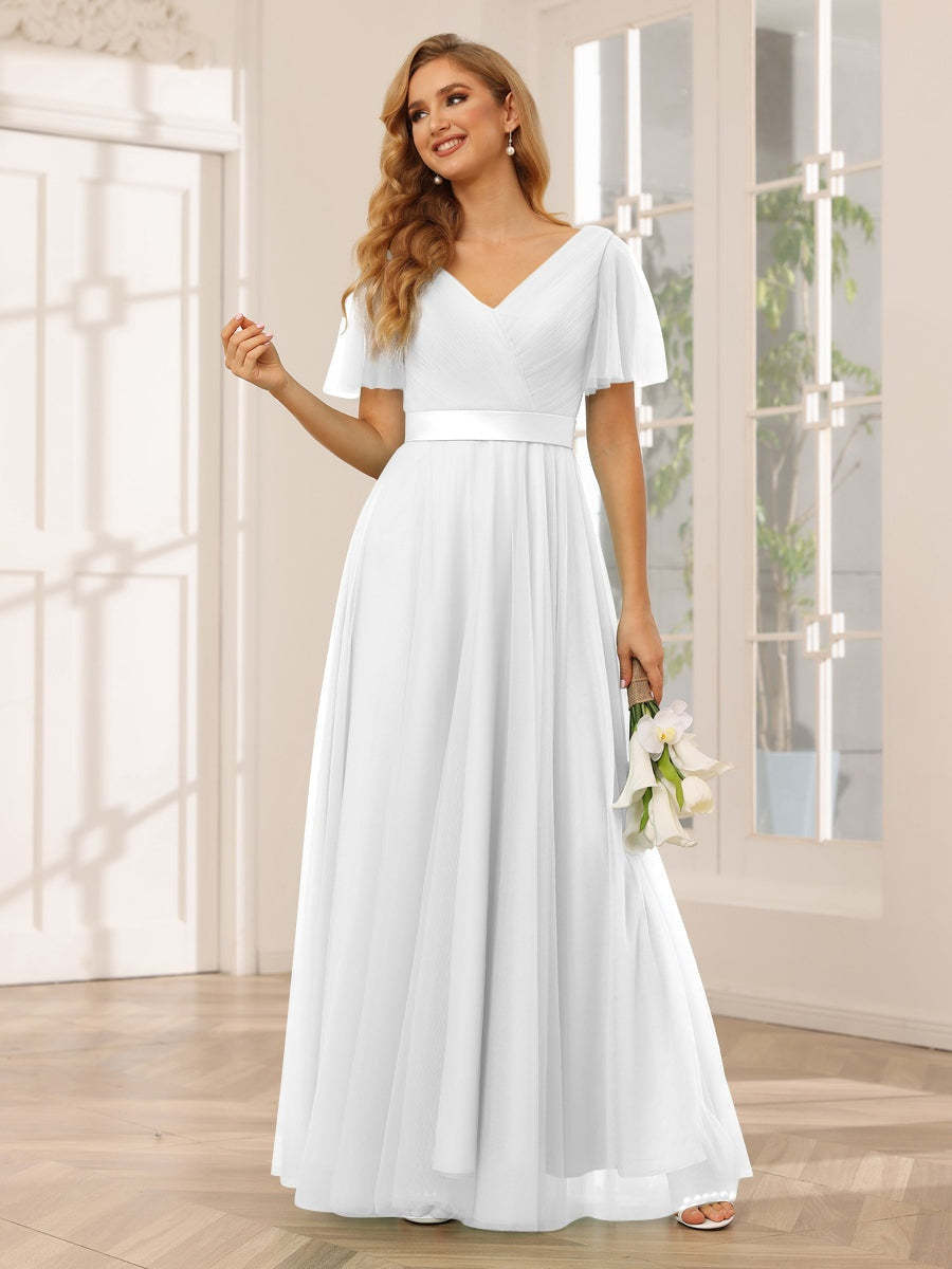V-Neck A-Line Princess Floor-Length Bridesmaid Dresses with Short Sleeves and Lace