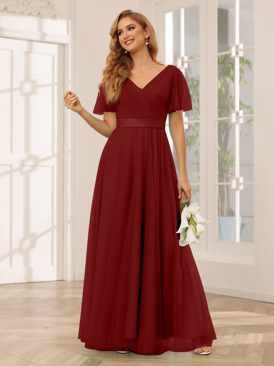 V-Neck A-Line Princess Floor-Length Bridesmaid Dresses with Short Sleeves and Lace