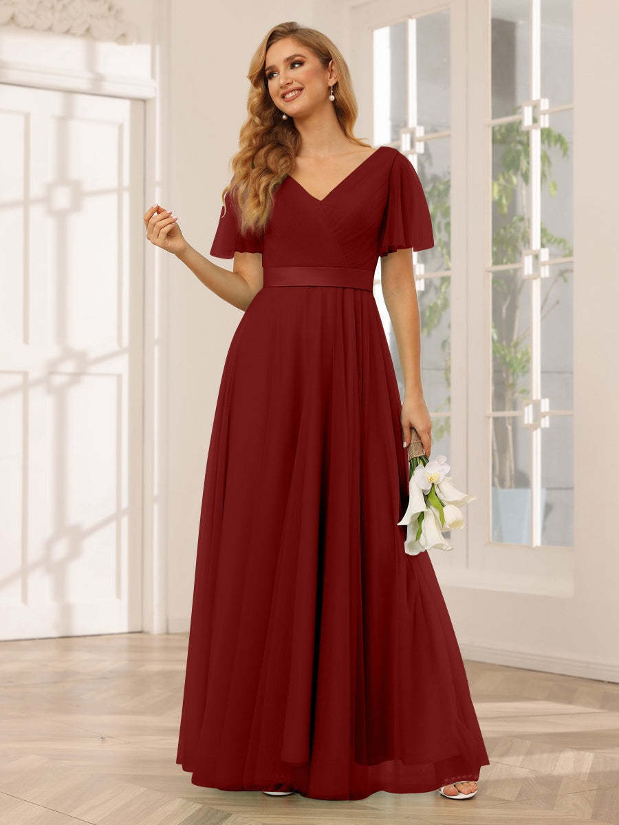 V-Neck A-Line Princess Floor-Length Bridesmaid Dresses with Short Sleeves and Lace