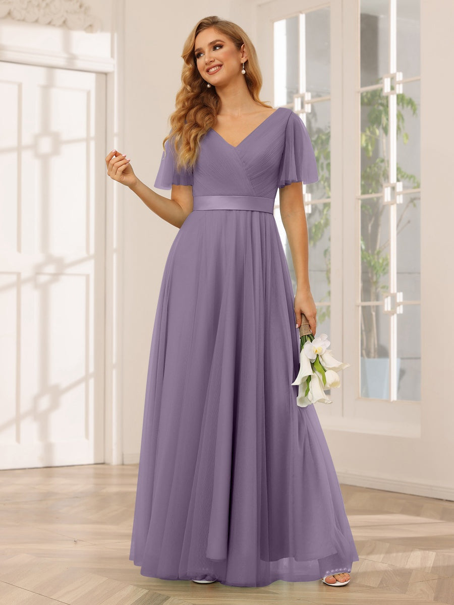 V-Neck A-Line Princess Floor-Length Bridesmaid Dresses with Short Sleeves and Lace