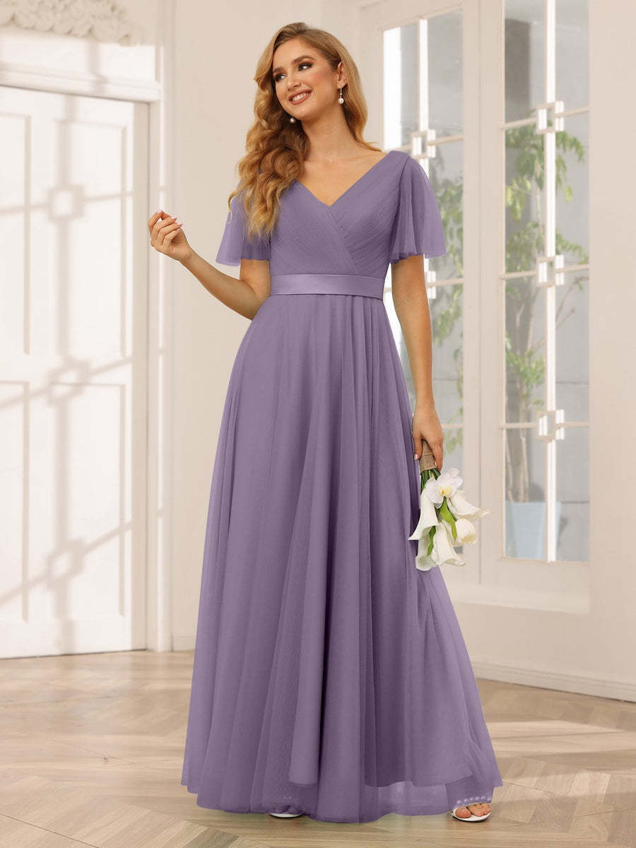 V-Neck A-Line Princess Floor-Length Bridesmaid Dresses with Short Sleeves and Lace