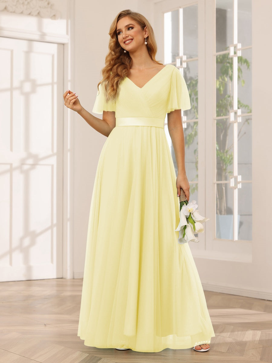 V-Neck A-Line Princess Floor-Length Bridesmaid Dresses with Short Sleeves and Lace