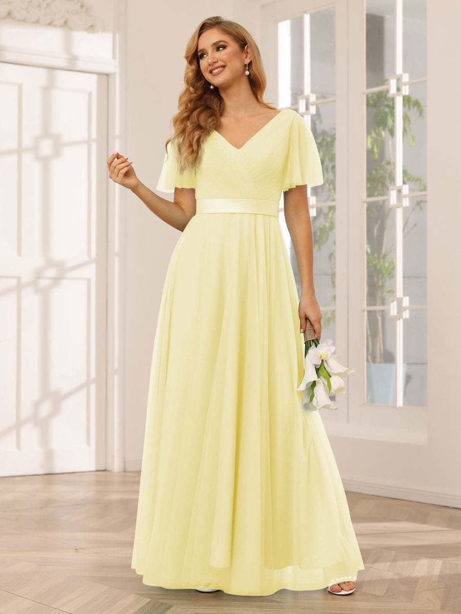 V-Neck A-Line Princess Floor-Length Bridesmaid Dresses with Short Sleeves and Lace