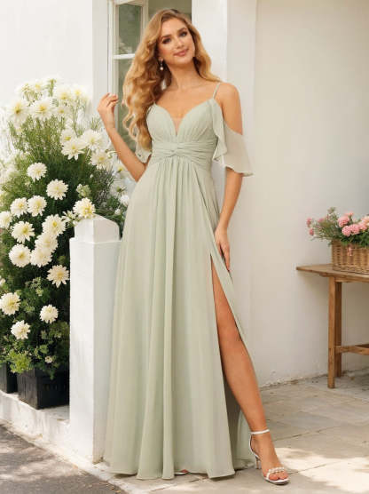 Spaghetti Strap V-Neck A-Line Princess Floor-Length Bridesmaid Dress with Side Split