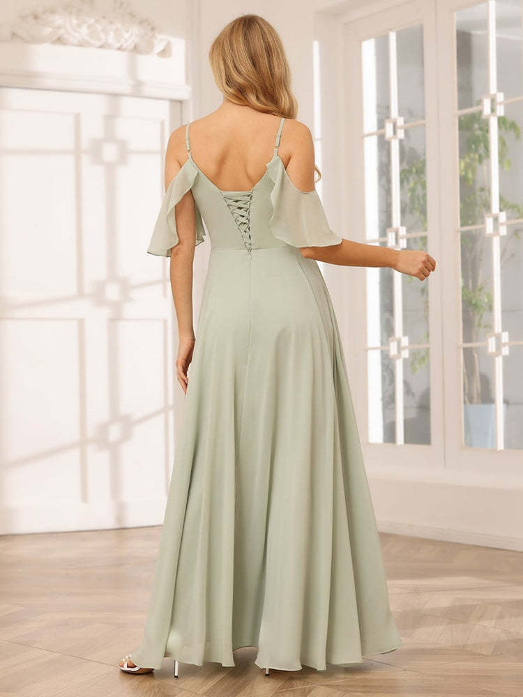 Spaghetti Strap V-Neck A-Line Princess Floor-Length Bridesmaid Dress with Side Split