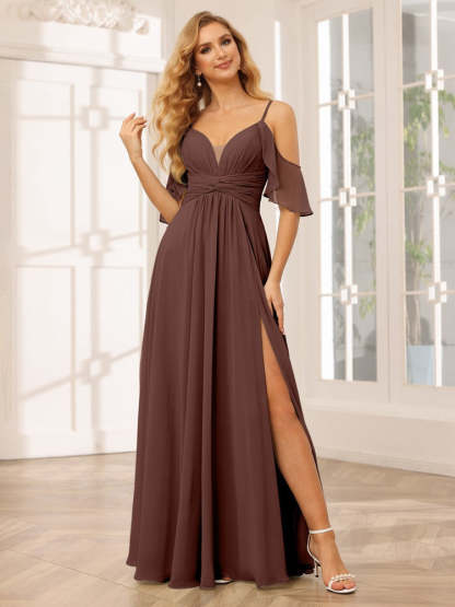Spaghetti Strap V-Neck A-Line Princess Floor-Length Bridesmaid Dress with Side Split