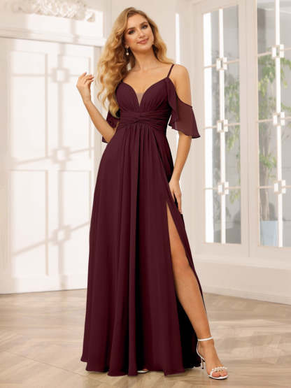 Spaghetti Strap V-Neck A-Line Princess Floor-Length Bridesmaid Dress with Side Split