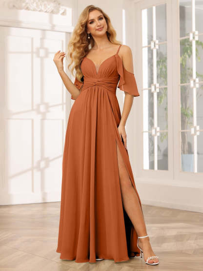 Spaghetti Strap V-Neck A-Line Princess Floor-Length Bridesmaid Dress with Side Split