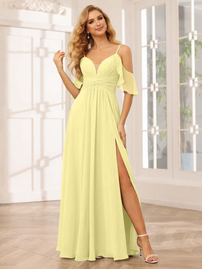 Spaghetti Strap V-Neck A-Line Princess Floor-Length Bridesmaid Dress with Side Split