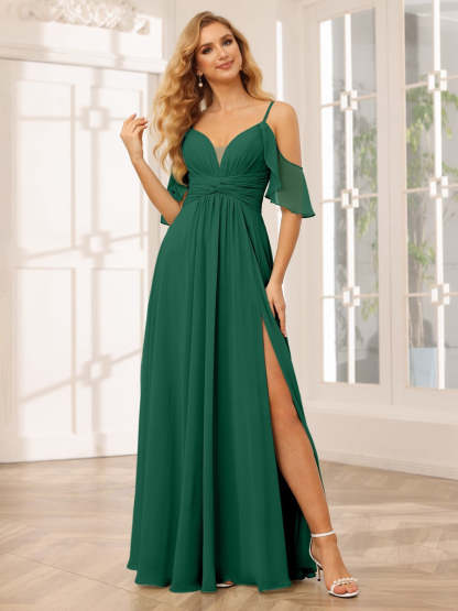 Spaghetti Strap V-Neck A-Line Princess Floor-Length Bridesmaid Dress with Side Split