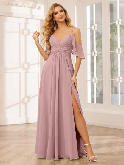 Spaghetti Strap V-Neck A-Line Princess Floor-Length Bridesmaid Dress with Side Split