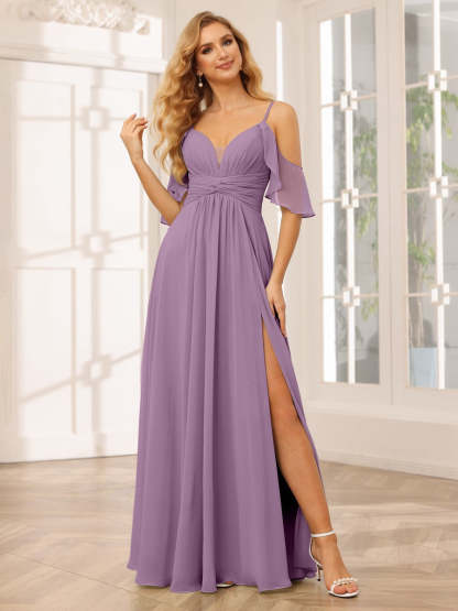 Spaghetti Strap V-Neck A-Line Princess Floor-Length Bridesmaid Dress with Side Split