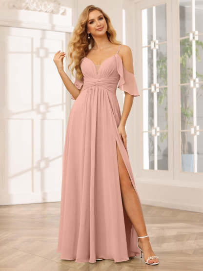 Spaghetti Strap V-Neck A-Line Princess Floor-Length Bridesmaid Dress with Side Split