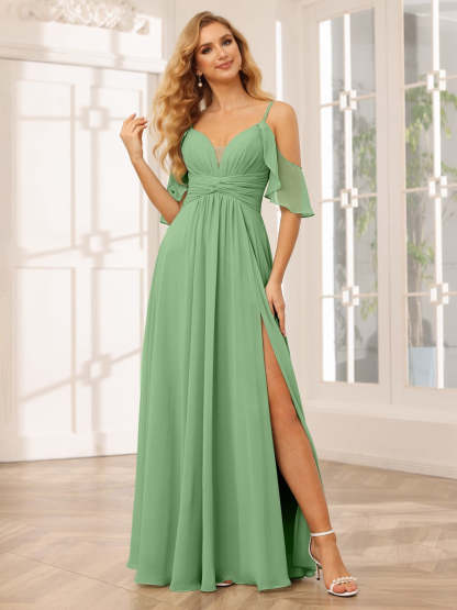 Spaghetti Strap V-Neck A-Line Princess Floor-Length Bridesmaid Dress with Side Split