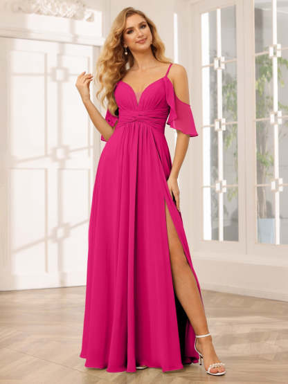 Spaghetti Strap V-Neck A-Line Princess Floor-Length Bridesmaid Dress with Side Split