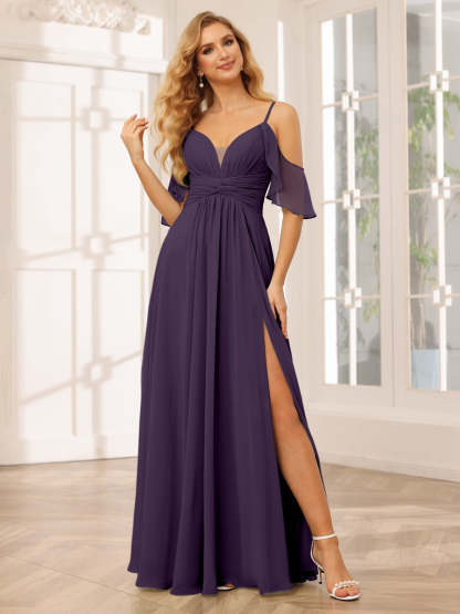 Spaghetti Strap V-Neck A-Line Princess Floor-Length Bridesmaid Dress with Side Split