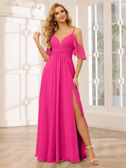 Spaghetti Strap V-Neck A-Line Princess Floor-Length Bridesmaid Dress with Side Split