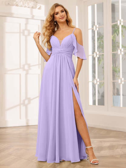 Spaghetti Strap V-Neck A-Line Princess Floor-Length Bridesmaid Dress with Side Split