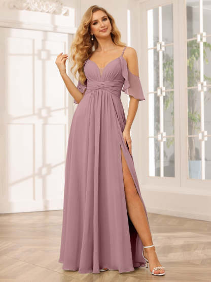 Spaghetti Strap V-Neck A-Line Princess Floor-Length Bridesmaid Dress with Side Split