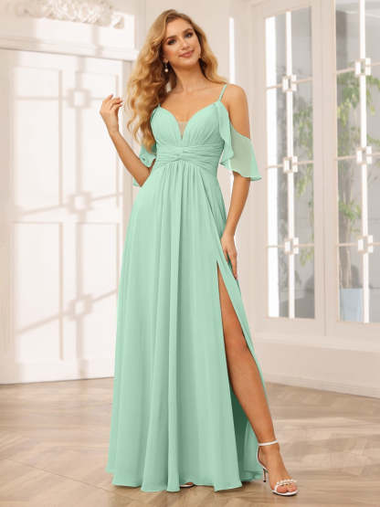 Spaghetti Strap V-Neck A-Line Princess Floor-Length Bridesmaid Dress with Side Split