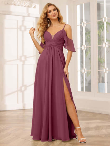 Spaghetti Strap V-Neck A-Line Princess Floor-Length Bridesmaid Dress with Side Split