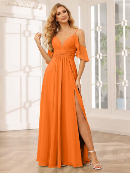Spaghetti Strap V-Neck A-Line Princess Floor-Length Bridesmaid Dress with Side Split